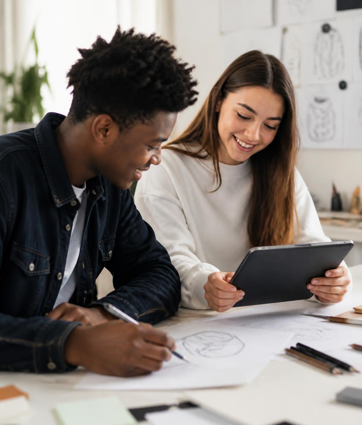 Two students developing a creative project together